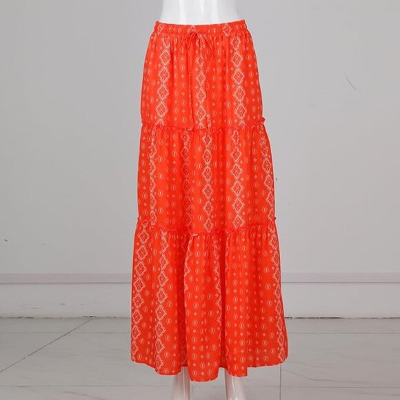 Dresses & Skirts - EARKOHA Women's‎ S Boho Tiered High Waist Tie Paisley Floral Print Red Long Maxi